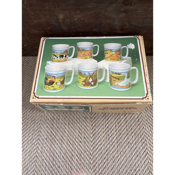 Vintage Fred Roberts Co. Country Farm Animals Stoneware Cups Mugs Set of 6 NIB - Picture 2 of 7